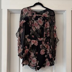Sheer Black Floral Ruffle Romper